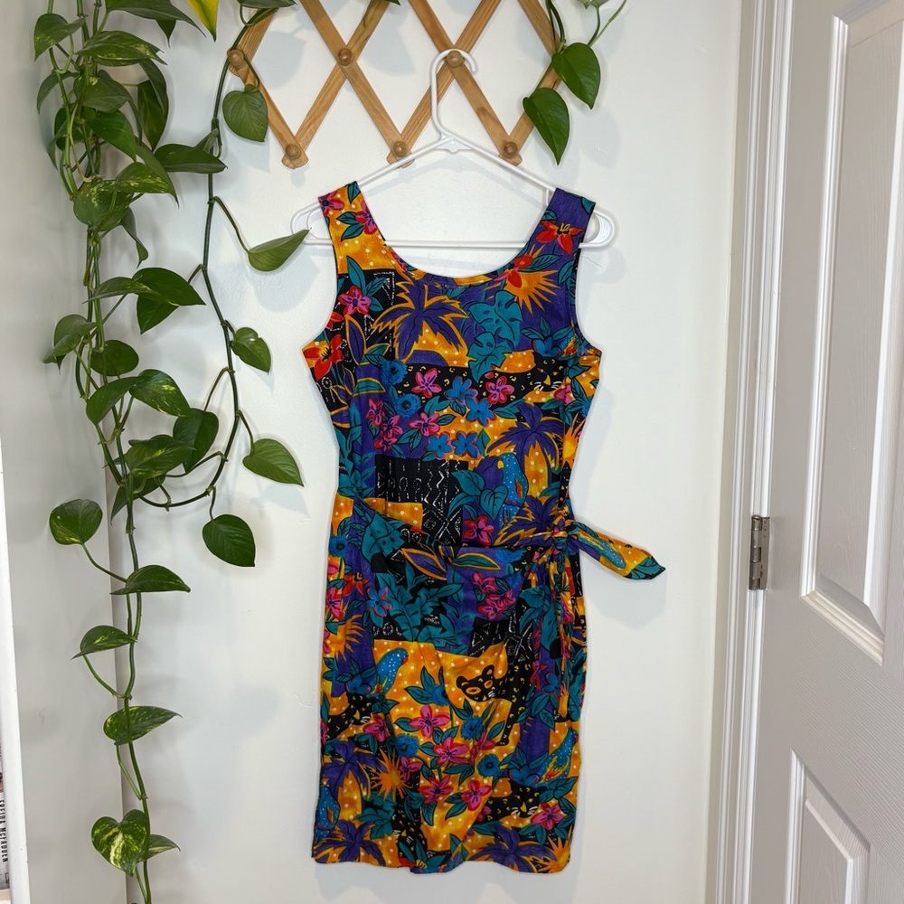 HILO HATTIE Vintage 90s Hawaiian Patchwork Tropical Faux Sarong Wrap Dress